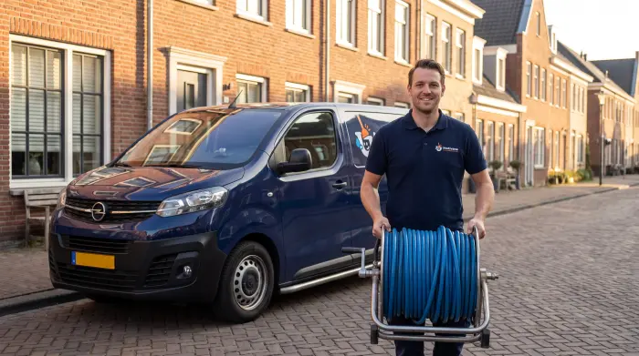 Motivana monteur met hogedrukhaspel naast de servicebus in een woonstraat